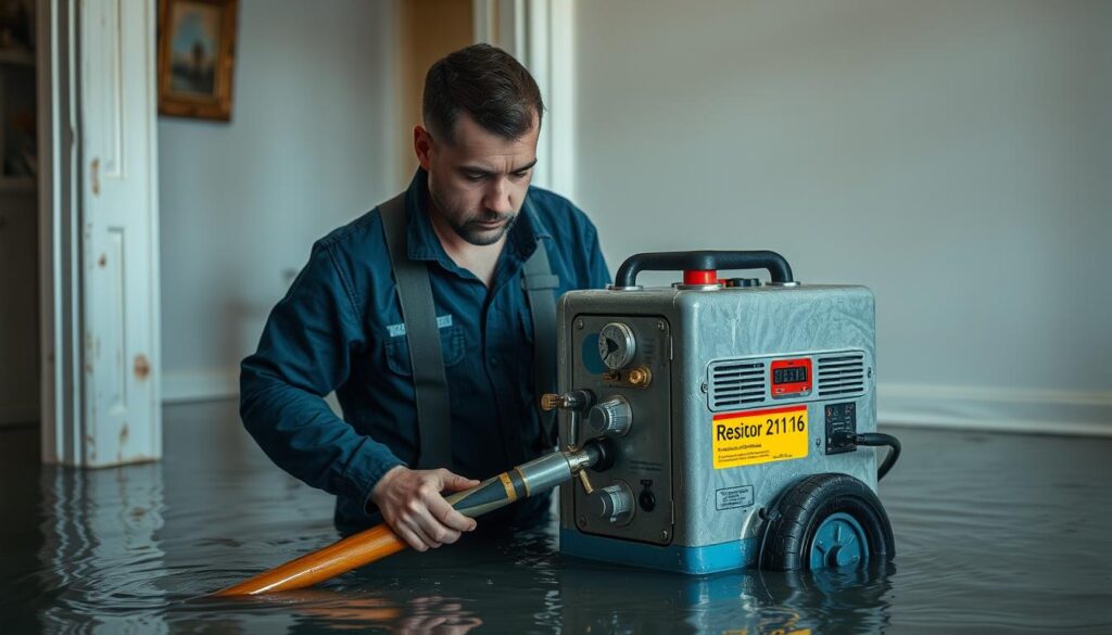 Generate an image of a restoration professional using equipment to extract water from a flooded room.