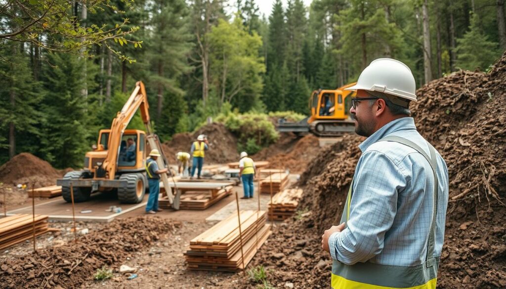 Generate an image of a restoration project site with a consultant monitoring the work.