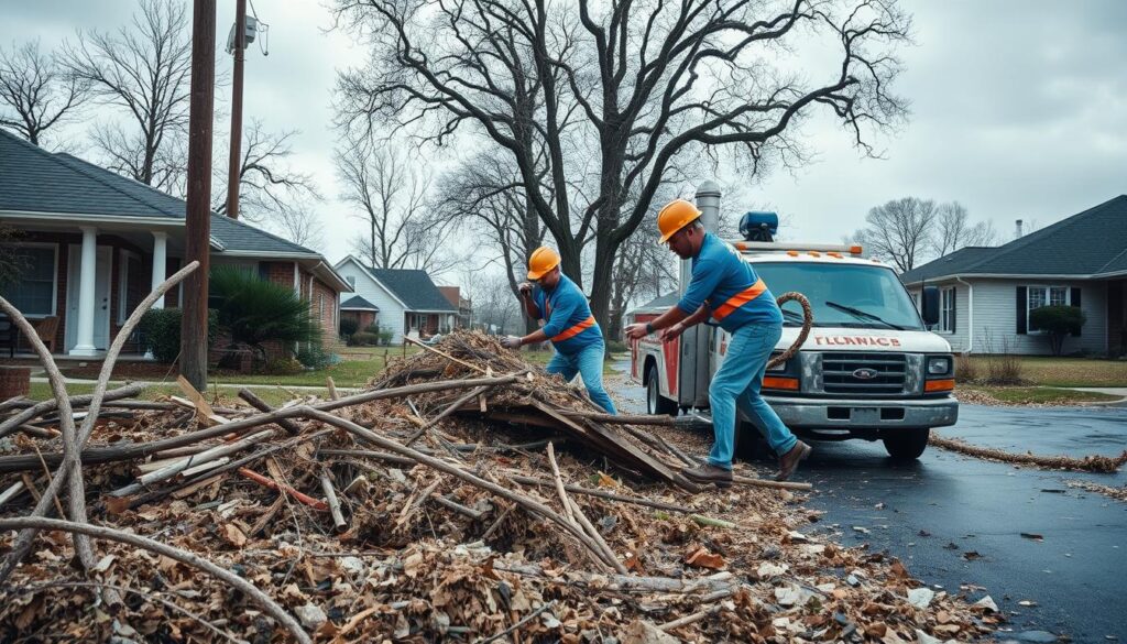 Generate an image of a restoration team removing debris after a storm.