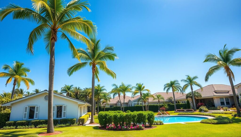 Hoa insurance florida - a manicured Florida neighborhood under a clear blue sky, with lush palm trees swaying gently. In the foreground, a well-maintained single-story home, its pristine white exterior reflecting the warm sunshine. In the middle ground, a group of neatly trimmed hedges and vibrant flowerbeds surround a pristine swimming pool. The background features a row of similar homes, their roofs adorned with Spanish tiles. The scene conveys a sense of tranquility, security, and the attention to detail that defines the Florida HOA lifestyle. Captured with a wide-angle lens to showcase the harmonious community, the image is lit by soft, natural lighting that accentuates the verdant foliage and the welcoming atmosphere.