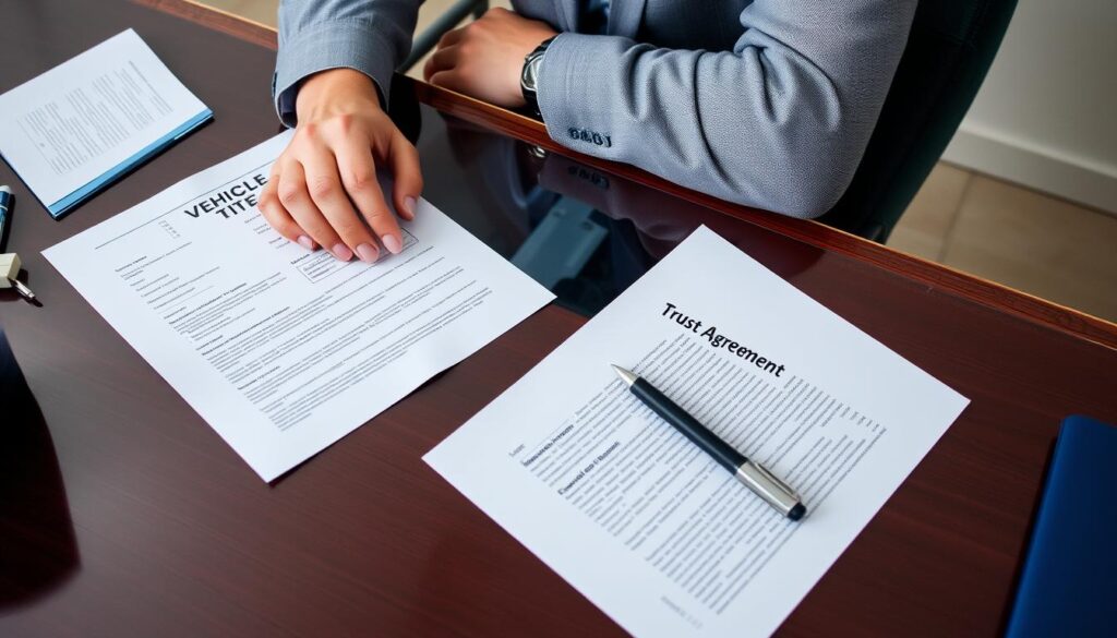 Image generation prompt: A person sitting at a desk with a vehicle title, trust documents, and a pen.