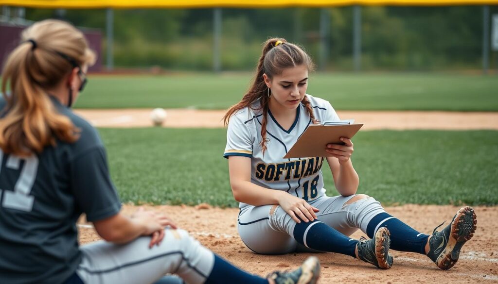 Image generation prompt: A softball player injured on the field, with a coach or team manager in the background, concerned and taking notes.