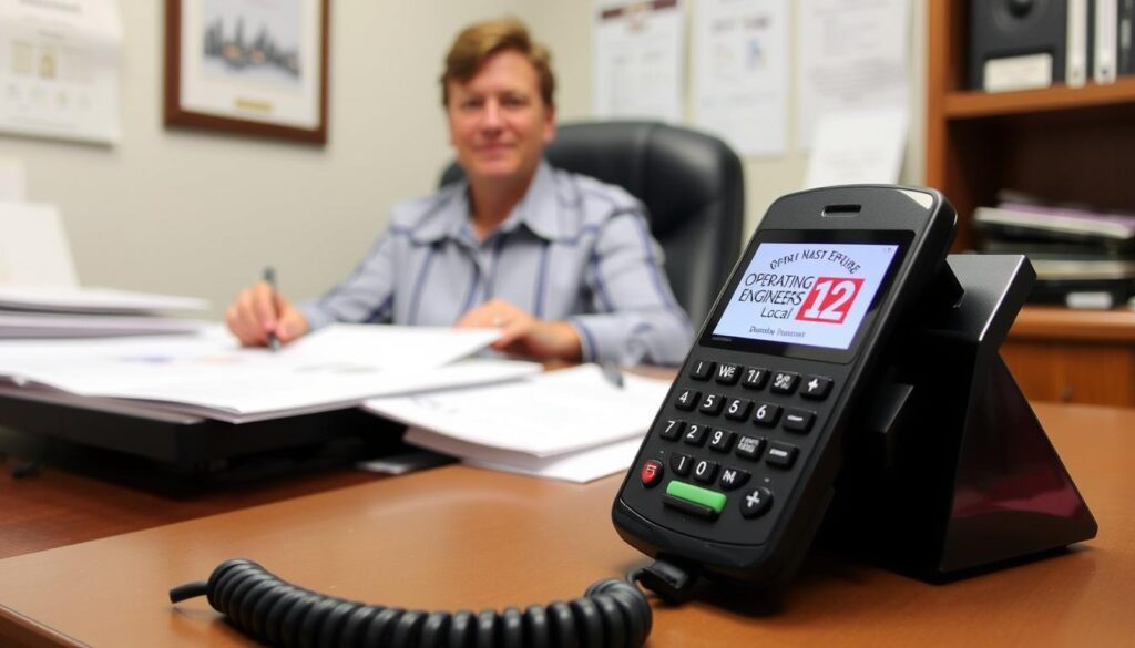 Image generation prompt: a person sitting at a desk with a computer, surrounded by dental insurance documents and a phone with the Operating Engineers Local12 logo