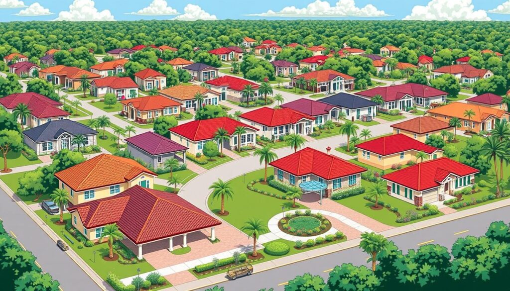 Image of a Florida community with diverse homes and a community center