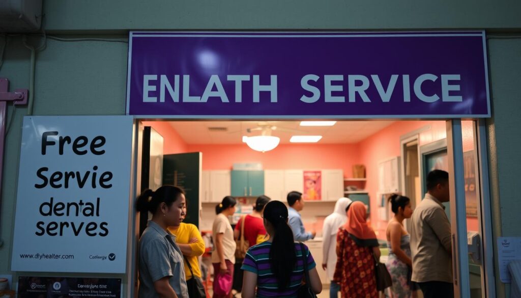 Image of a community health center with a sign indicating free dental services