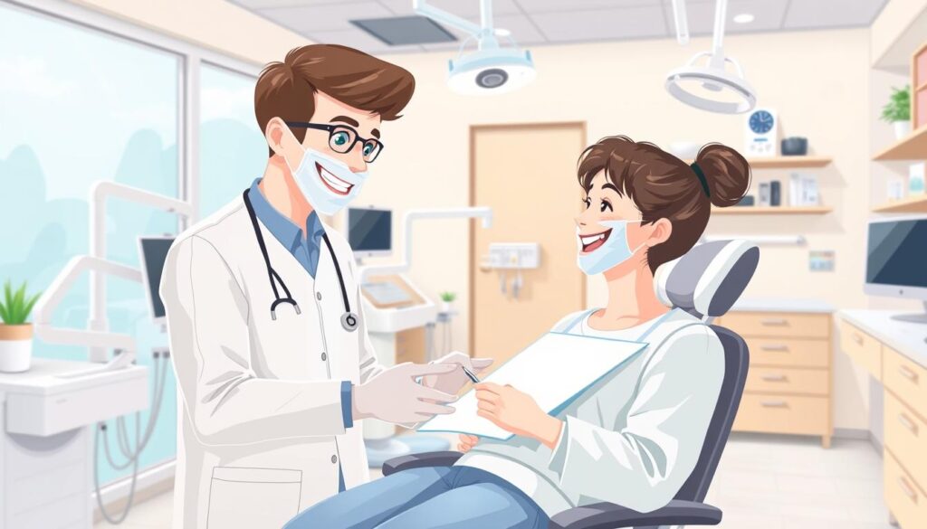 Image of a dental school clinic with a friendly dentist and patient