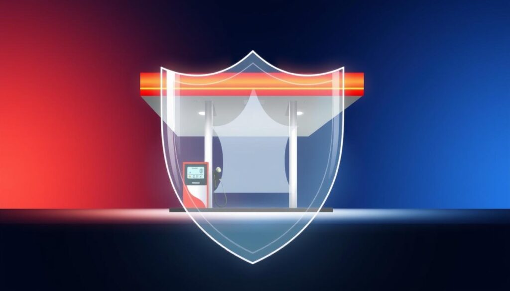 Image of a gas station with a protective shield around it, symbolizing insurance protection.