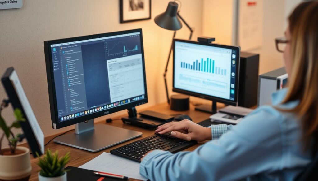 Image of a person managing insurance claims on a computer