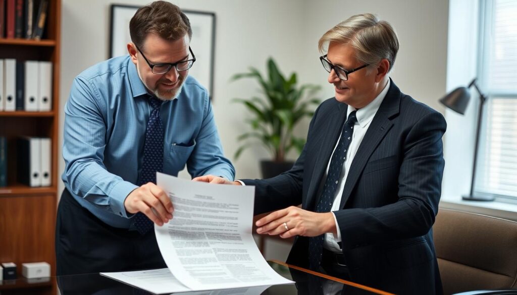 Image of an estate planning attorney reviewing a trust document with a client.