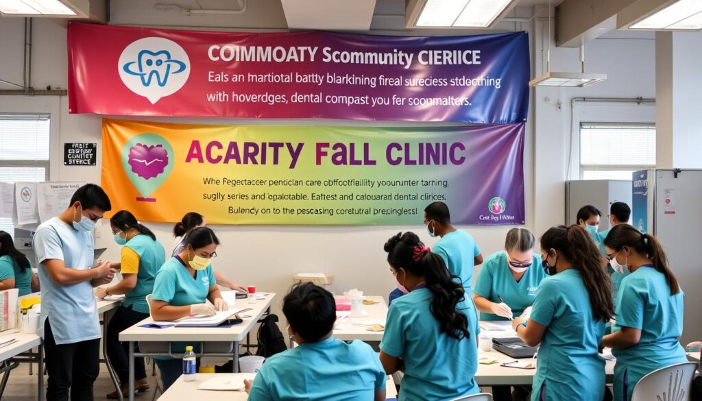 Image of volunteers at a charity dental clinic with a banner