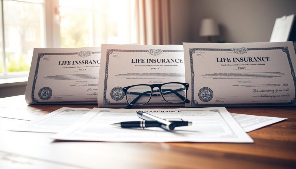 Pristine life insurance policies arranged neatly on a wooden desk, illuminated by soft, natural lighting filtering through a large window. The policies feature intricate designs and official-looking stamps, conveying a sense of importance and security. In the middle ground, a pen and a pair of reading glasses suggest the thoughtful consideration of coverage options. The background is slightly blurred, keeping the focus on the prominent display of the insurance policies as the central subject.