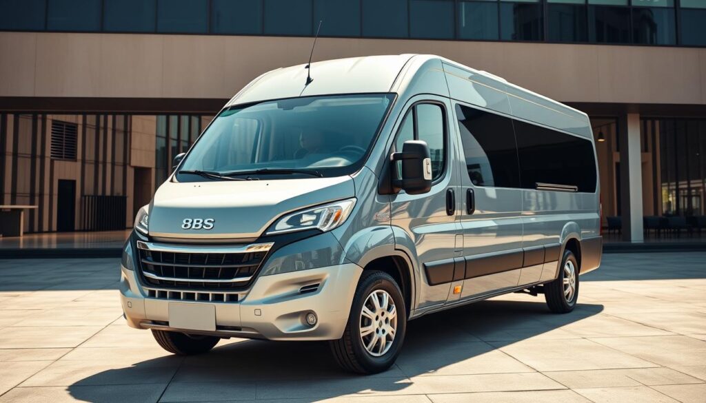 Prompt A well-designed minibus with modern safety features and customizable insurance options, parked in a sleek urban setting with a contemporary office building in the background. The minibus is showcased in a dynamic three-quarter angle, with attention to its aerodynamic lines, premium details, and a subtle branding or logo. The lighting is natural, with a warm, inviting tone that highlights the vehicle's elegant, yet practical appeal. The overall composition conveys a sense of professionalism, reliability, and tailored solutions for businesses seeking specialized minibus insurance coverage.