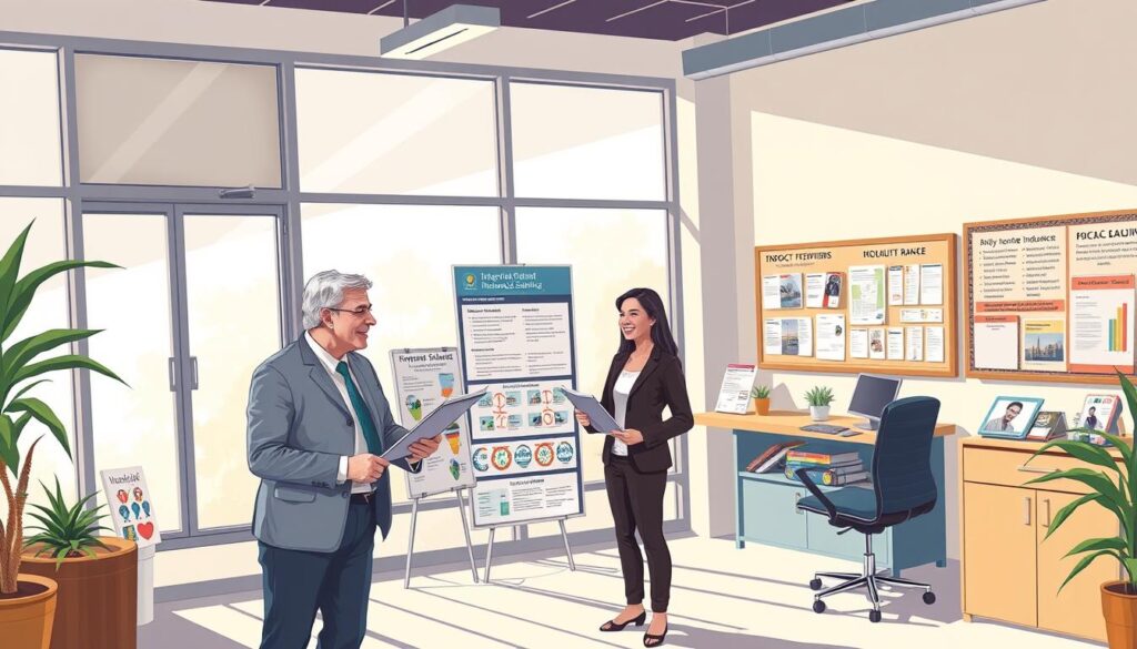 a detailed and photorealistic illustration of an independent insurance agency, showcasing the benefits of choosing this type of provider. The scene depicts a modern office interior with large windows, allowing natural light to flood the space. In the foreground, a friendly insurance agent is meeting with a client, discussing policy options and highlighting the personalized attention and tailored solutions they offer. The middle ground features various informative displays and brochures, emphasizing the agency's expertise, product range, and customer-centric approach. The background showcases the agency's commitment to community involvement, with a bulletin board highlighting local event sponsorships and charitable initiatives. The overall atmosphere conveys a sense of professionalism, trust, and the agency's dedication to protecting its clients' well-being.