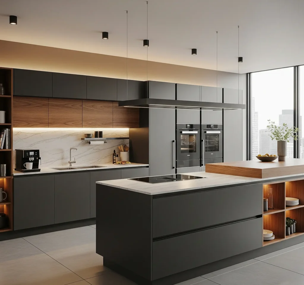 kitchen set modern dengan tema warna dark